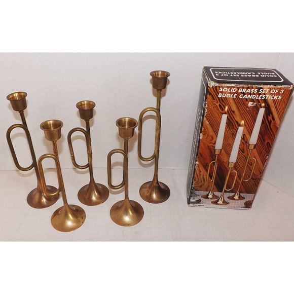 Vintage Brass Trumpet-Bugle Candlesticks Set of 5